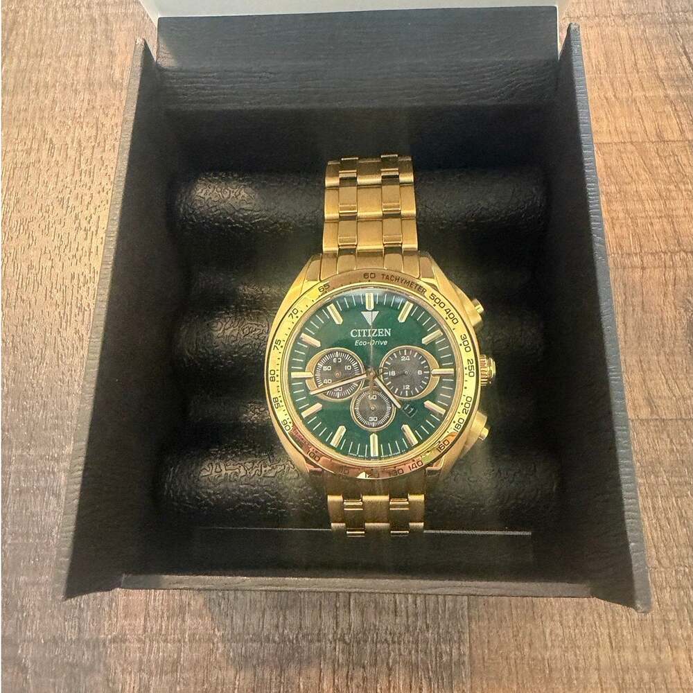 Citizen Carson Eco-Drive Chronograph Gold Green Dial Watch CA4542-59X